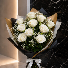 Bouquet de 10 grandes roses blanches 70cm gros boutons
